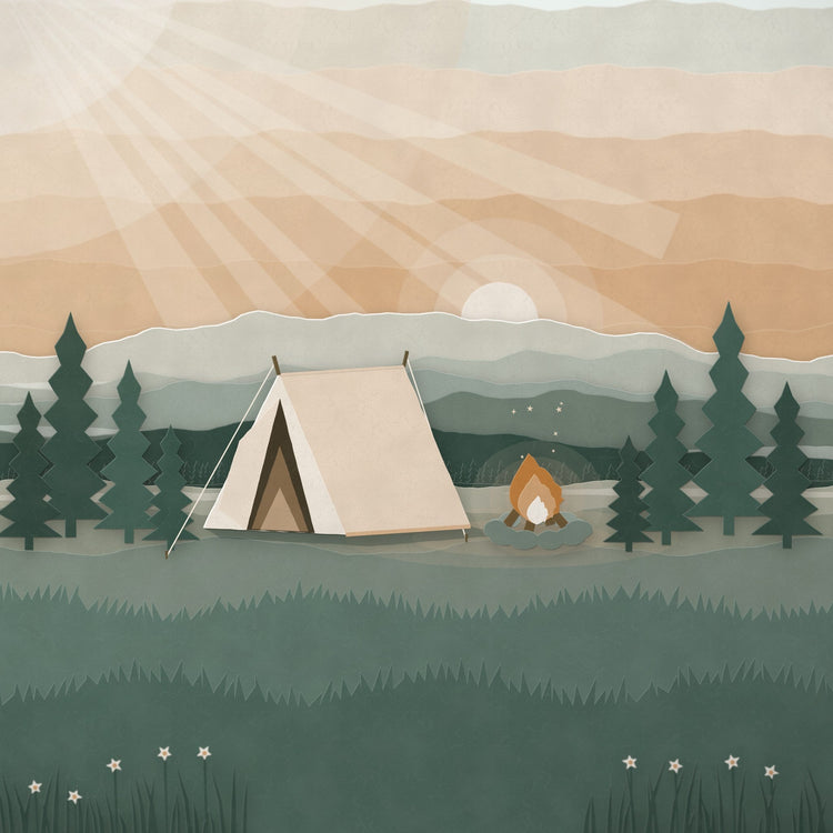 Paper-cut camping scene with a tent, campfire and pines