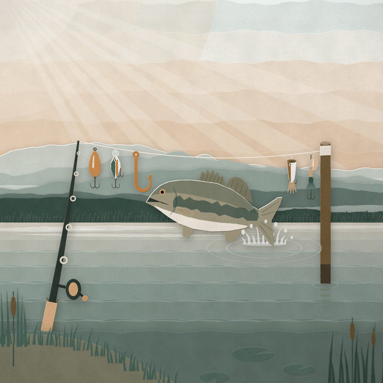 Paper-cut fishing scene with lures, a bass and a rod