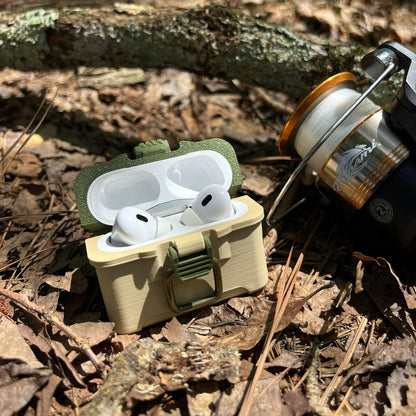 Fishing tackle box case for AirPods Pro 1 & 2 with antique brass-style latch and hinged lid