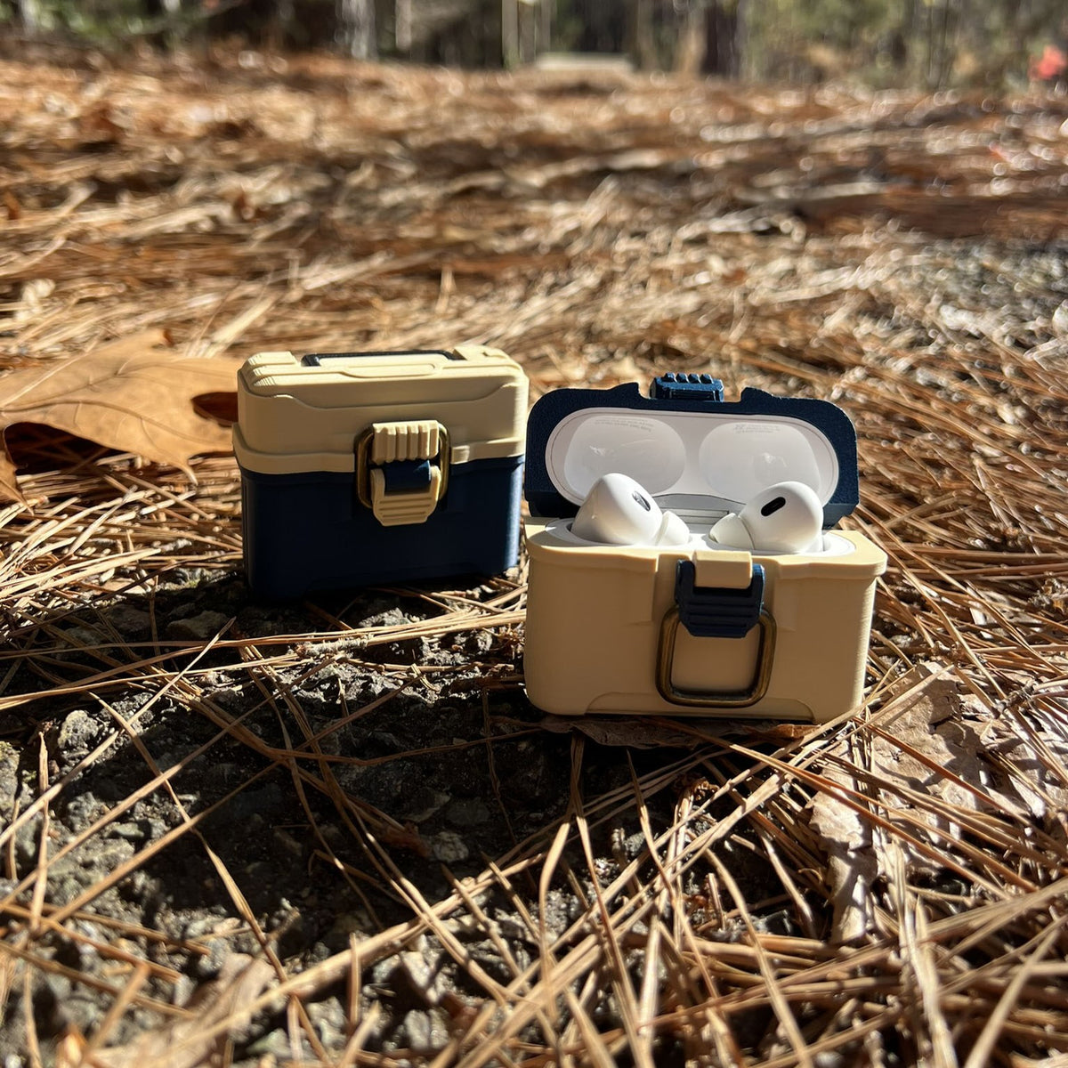 Fishing tackle box case for AirPods Pro 1 & 2 with antique brass-style latch and hinged lid