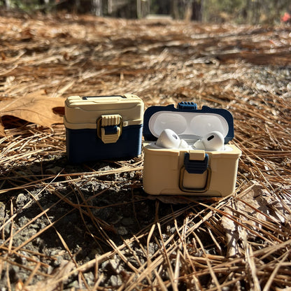 Fishing tackle box case for AirPods Pro 1 & 2 with antique brass-style latch and hinged lid