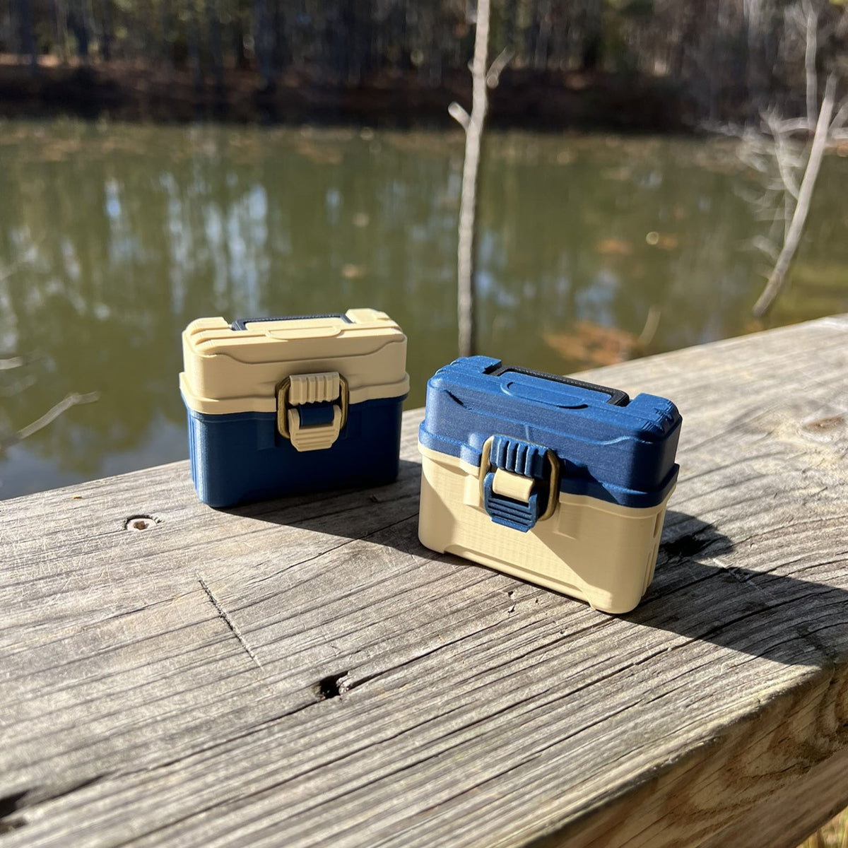 Fishing tackle box case for AirPods Pro 1 & 2 with antique brass-style latch and hinged lid