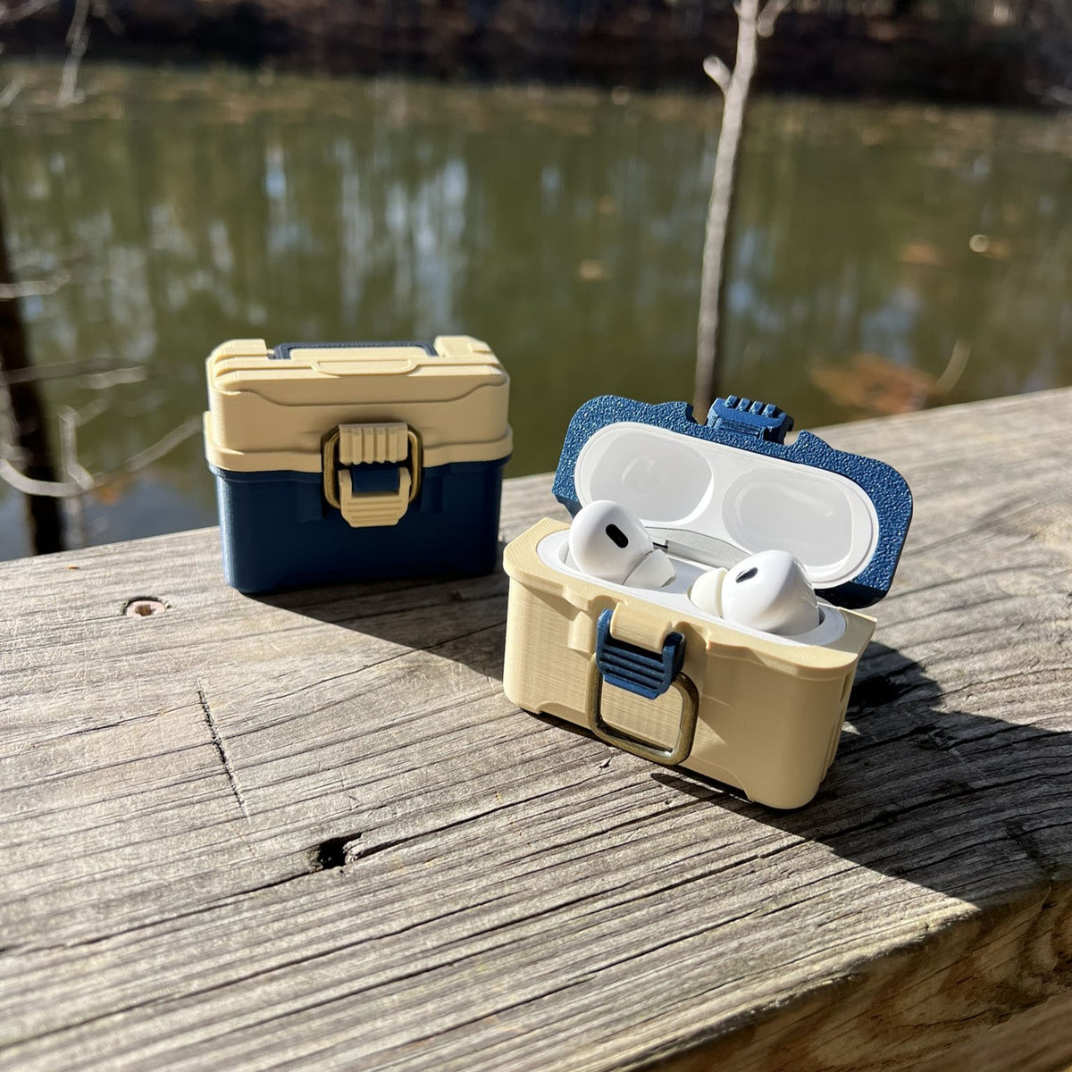 Fishing tackle box case for AirPods Pro 1 & 2 with antique brass-style latch and hinged lid