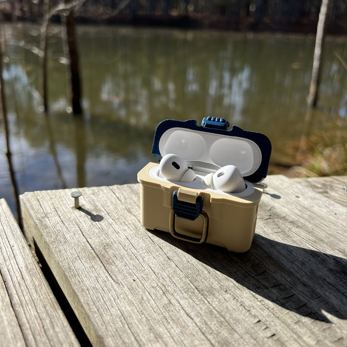 Fishing tackle box case for AirPods Pro 1 & 2 with antique brass-style latch and hinged lid