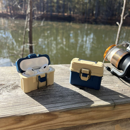 Fishing tackle box case for AirPods Pro 1 & 2 with antique brass-style latch and hinged lid
