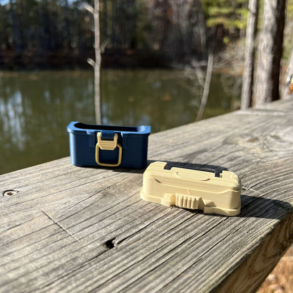 Fishing tackle box case for AirPods Pro 1 & 2 with antique brass-style latch and hinged lid