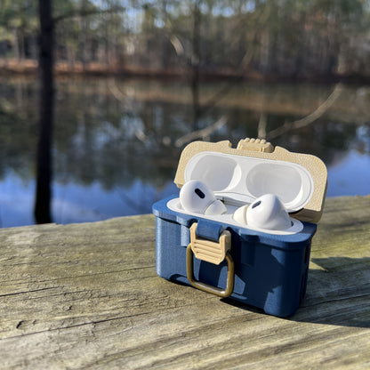 Fishing tackle box case for AirPods Pro 1 & 2 with antique brass-style latch and hinged lid