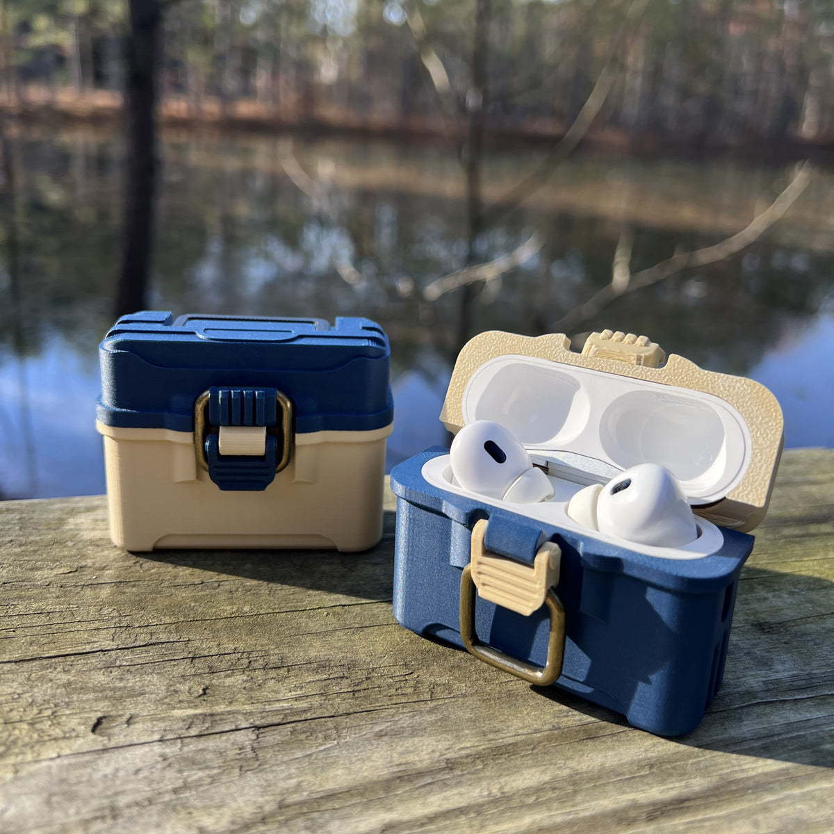 Fishing tackle box case for AirPods Pro 1 & 2 with antique brass-style latch and hinged lid