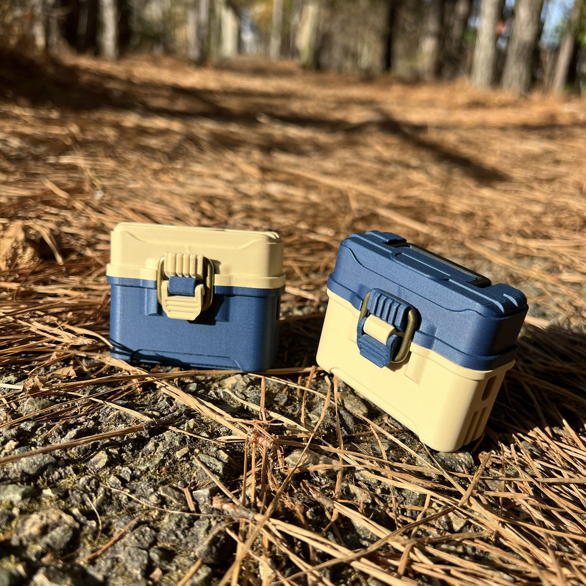 Fishing tackle box case for AirPods Pro 1 & 2 with antique brass-style latch and hinged lid