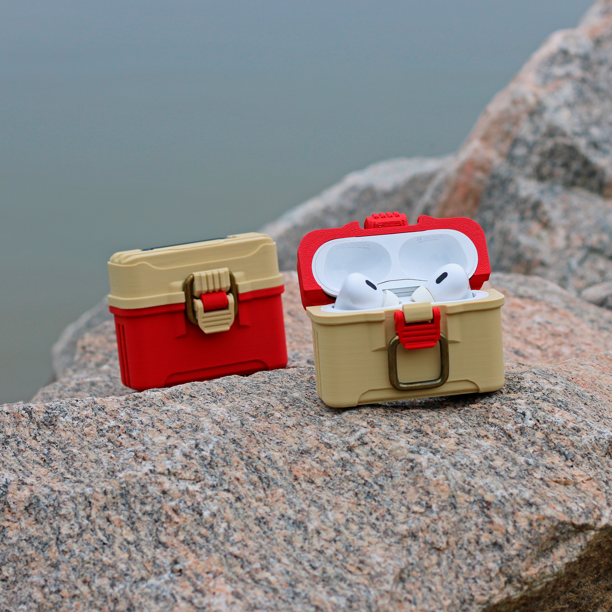 Fishing tackle box case for AirPods Pro 1 & 2 with antique brass-style latch and hinged lid