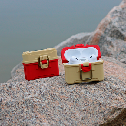 Fishing tackle box case for AirPods Pro 1 & 2 with antique brass-style latch and hinged lid