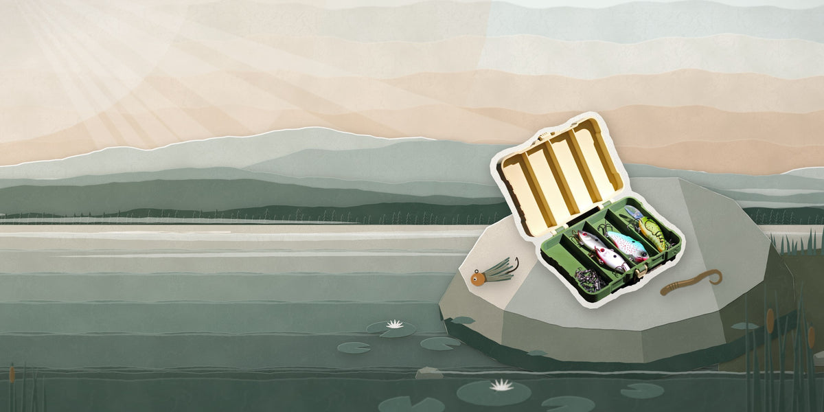 Mini Tackle Box lure organizer on a paper-cut lakeshore with lures and lily pads