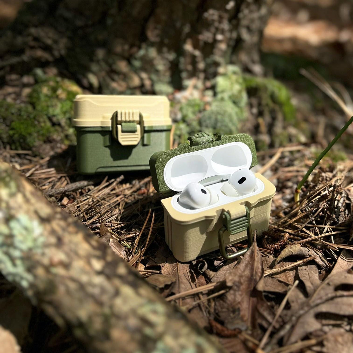 Fishing tackle box case for AirPods Pro 1 & 2 with antique brass-style latch and hinged lid