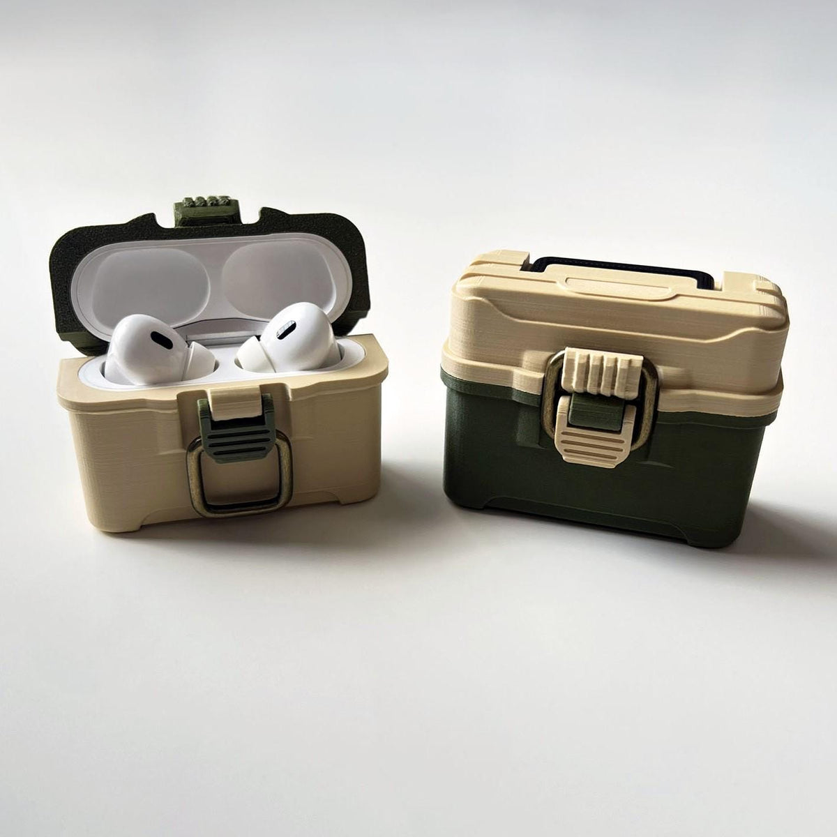 Fishing tackle box case for AirPods Pro 1 & 2 with antique brass-style latch and hinged lid