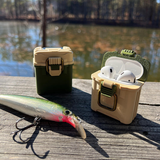 Fishing tackle box case for AirPods 1 & 2 with antique brass-style latch and hinged lid