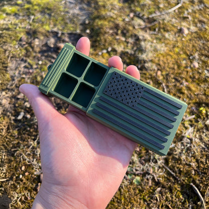 Tactical pocket pill box with American flag shell and divider tray