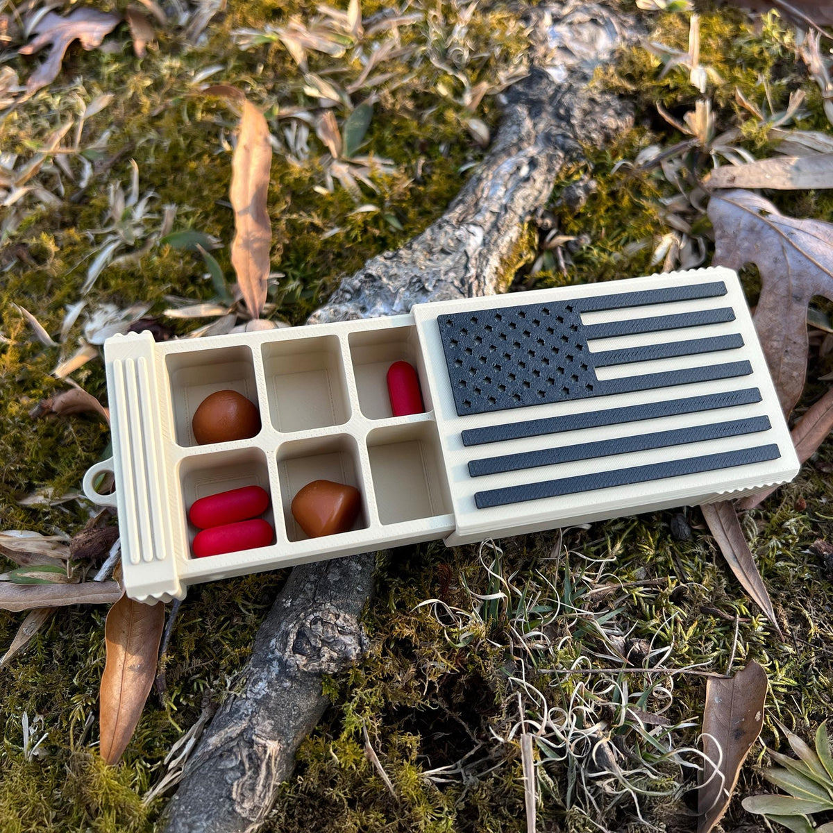 Tactical pocket pill box with American flag shell and divider tray