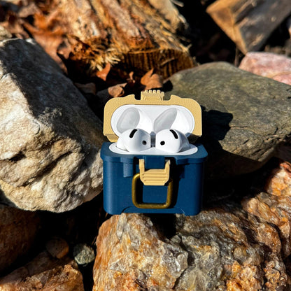 Fishing tackle box case for AirPods 4 with antique brass-style latch and hinged lid