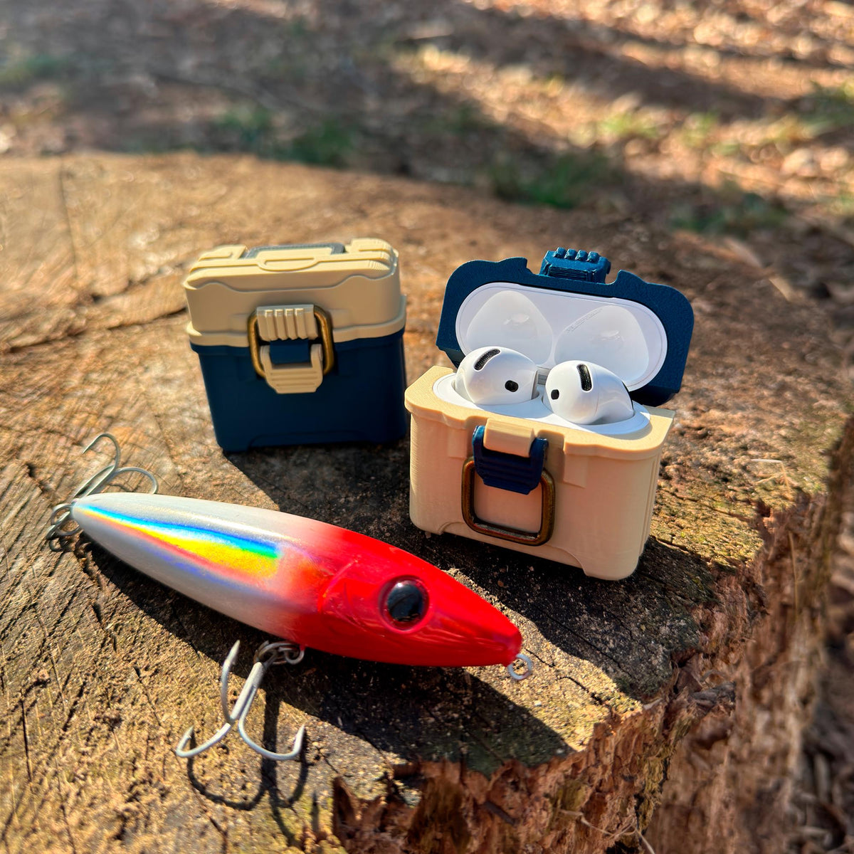Fishing tackle box case for AirPods 4 with antique brass-style latch and hinged lid