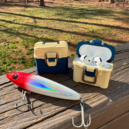 Fishing tackle box case for AirPods 4 with antique brass-style latch and hinged lid