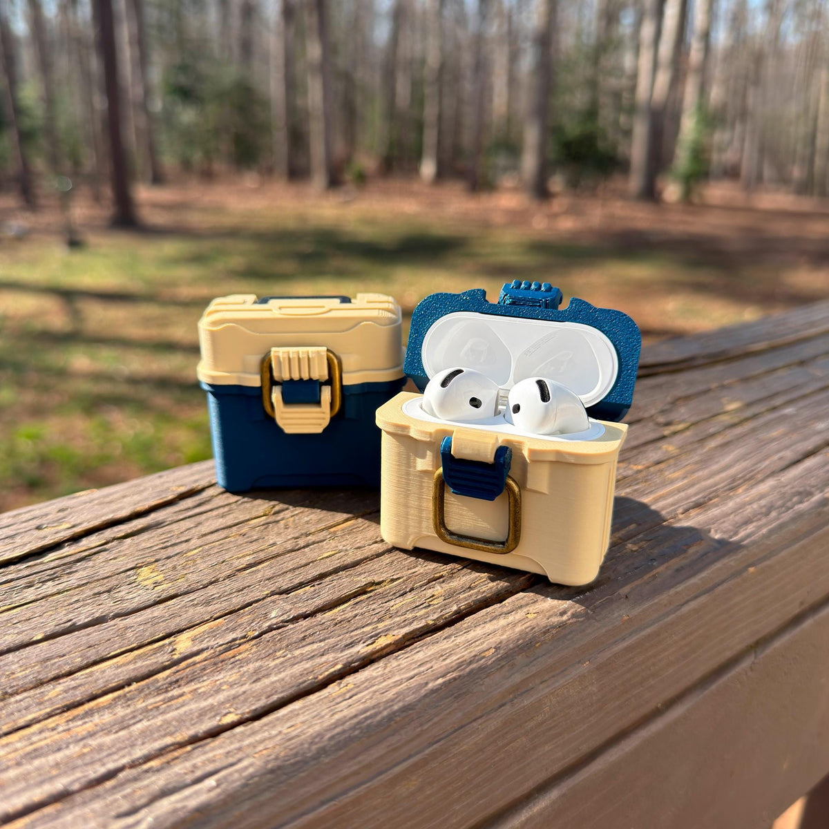 Fishing tackle box case for AirPods 4 with antique brass-style latch and hinged lid