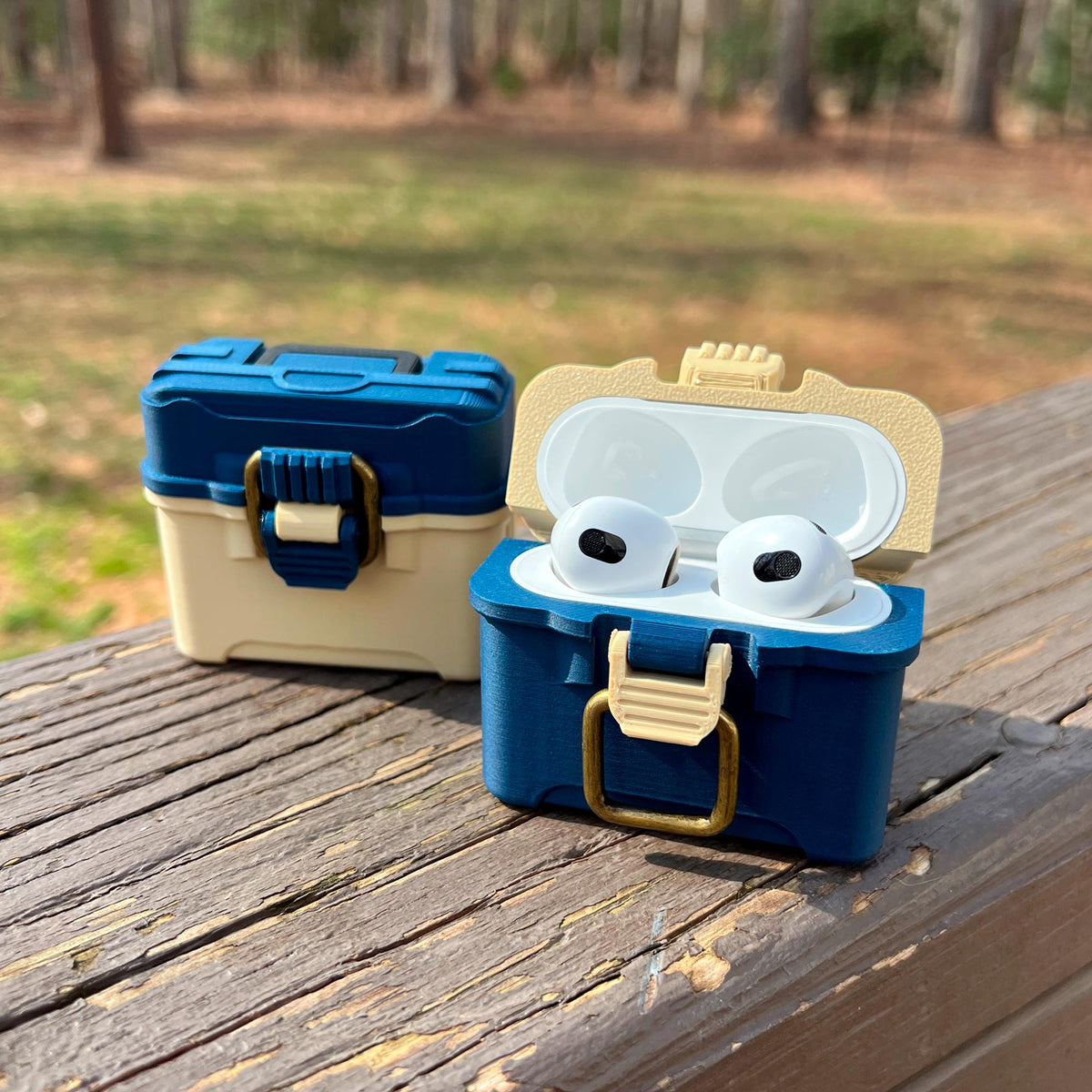 Fishing tackle box case for AirPods 3 with antique brass-style latch and hinged lid
