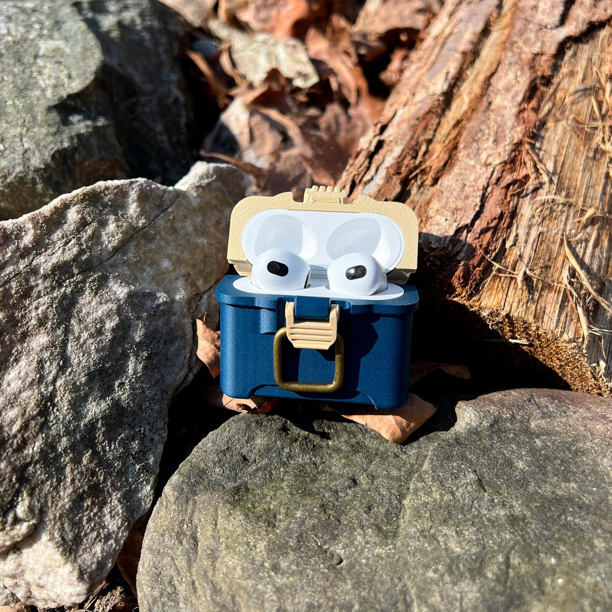 Fishing tackle box case for AirPods 3 with antique brass-style latch and hinged lid