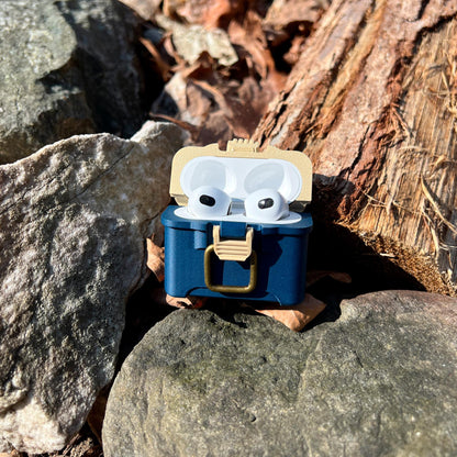 Fishing tackle box case for AirPods 3 with antique brass-style latch and hinged lid
