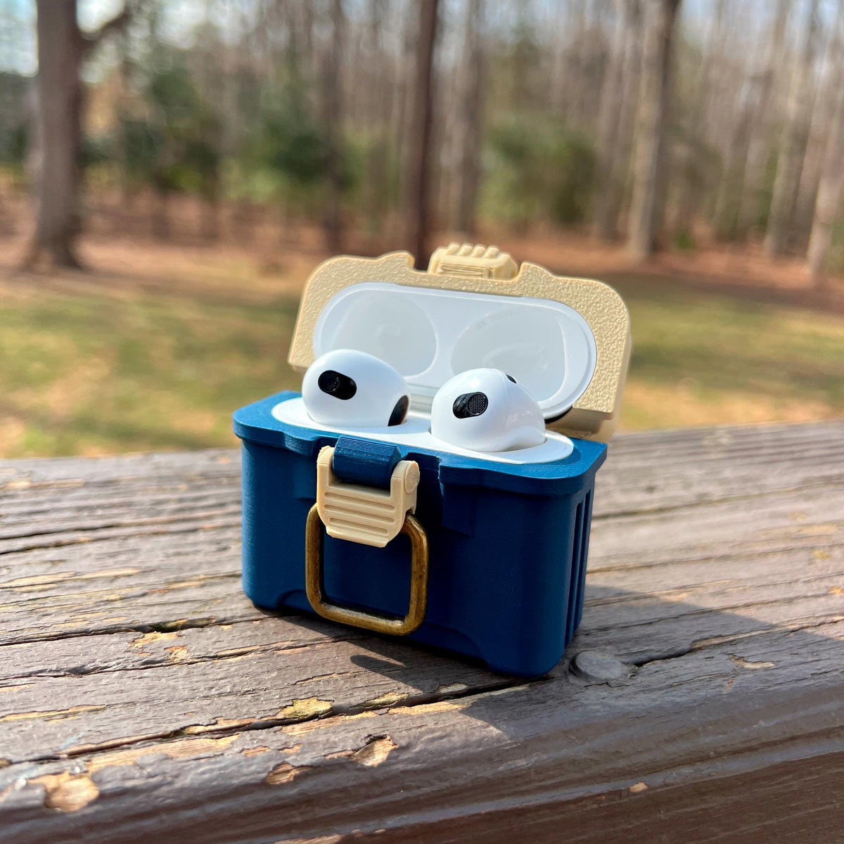 Fishing tackle box case for AirPods 3 with antique brass-style latch and hinged lid