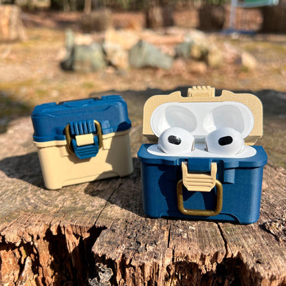 Fishing tackle box case for AirPods 3 with antique brass-style latch and hinged lid
