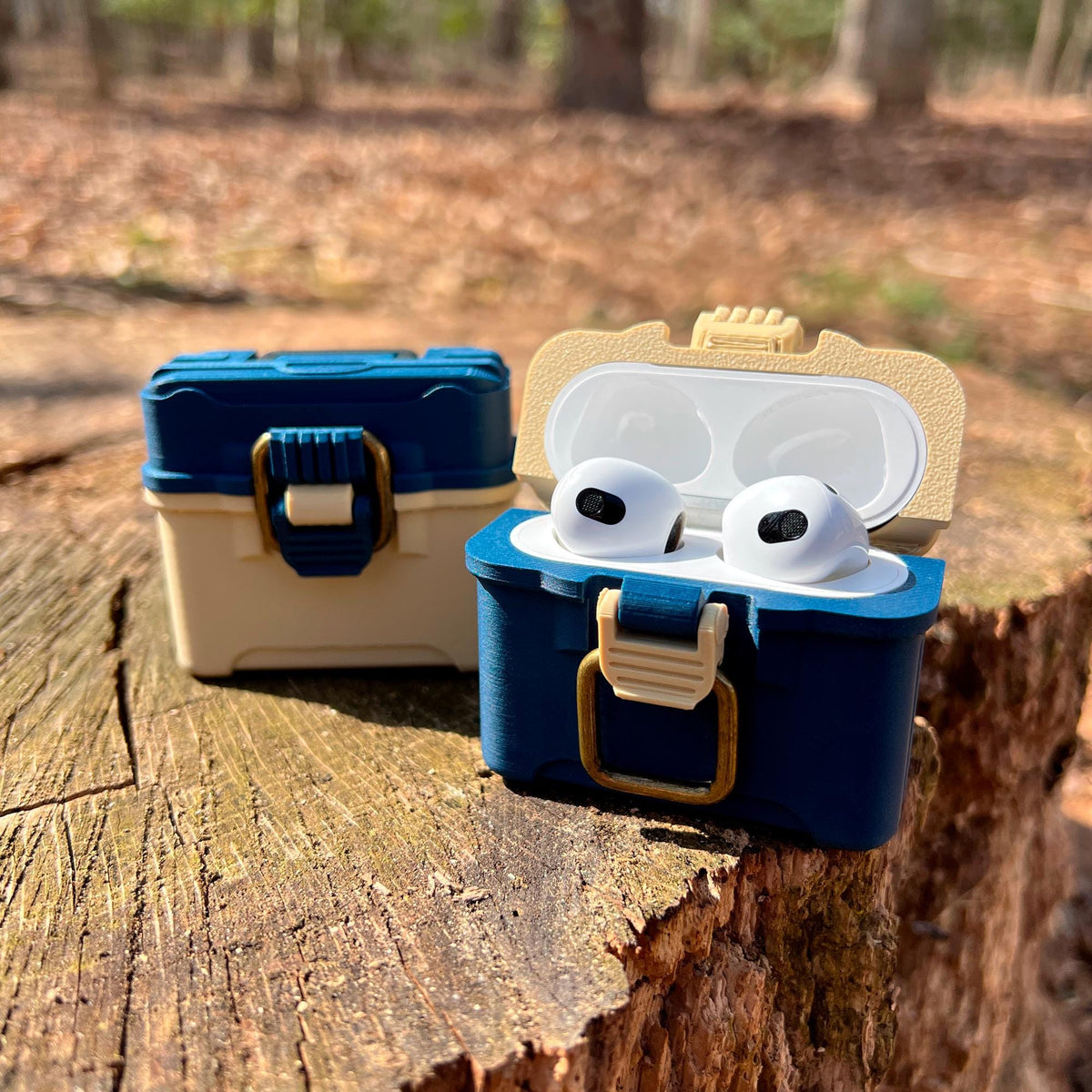 Fishing tackle box case for AirPods 3 with antique brass-style latch and hinged lid