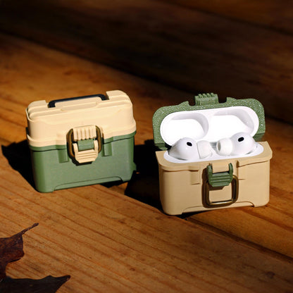 Fishing tackle box case for AirPods Pro 3 with antique brass-style latch and hinged lid