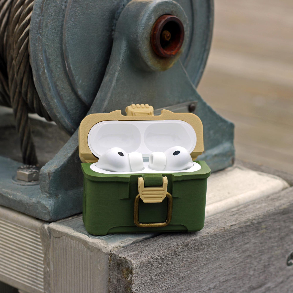 Fishing tackle box case for AirPods Pro 3 with antique brass-style latch and hinged lid