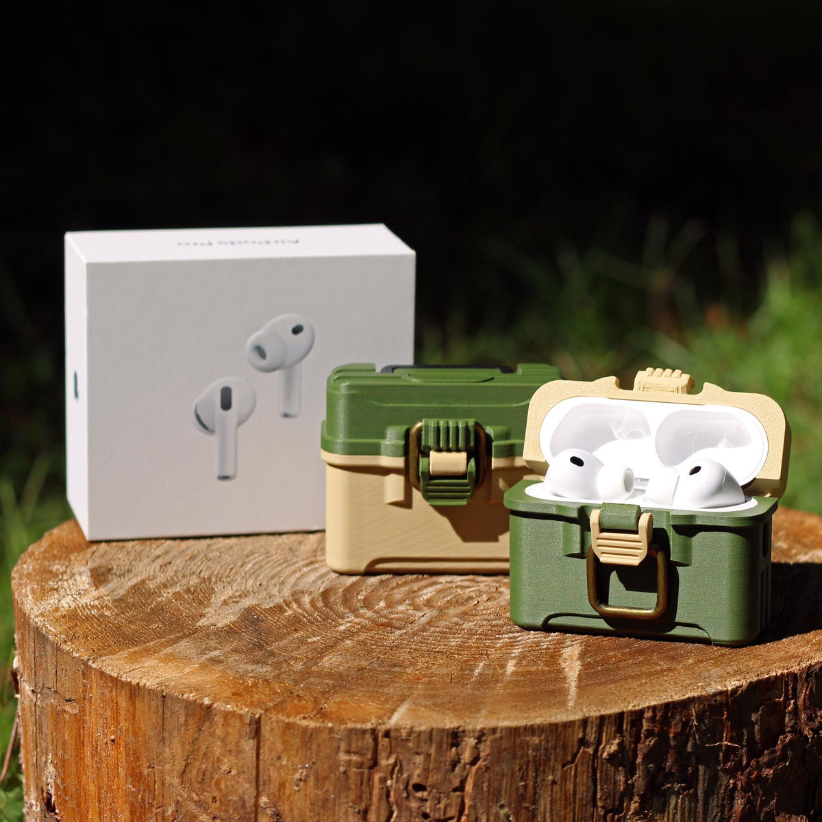 Fishing tackle box case for AirPods Pro 3 with antique brass-style latch and hinged lid