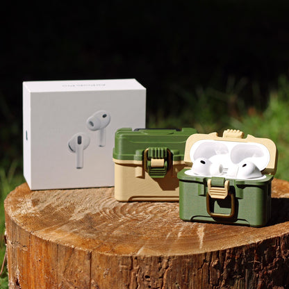 Fishing tackle box case for AirPods Pro 3 with antique brass-style latch and hinged lid