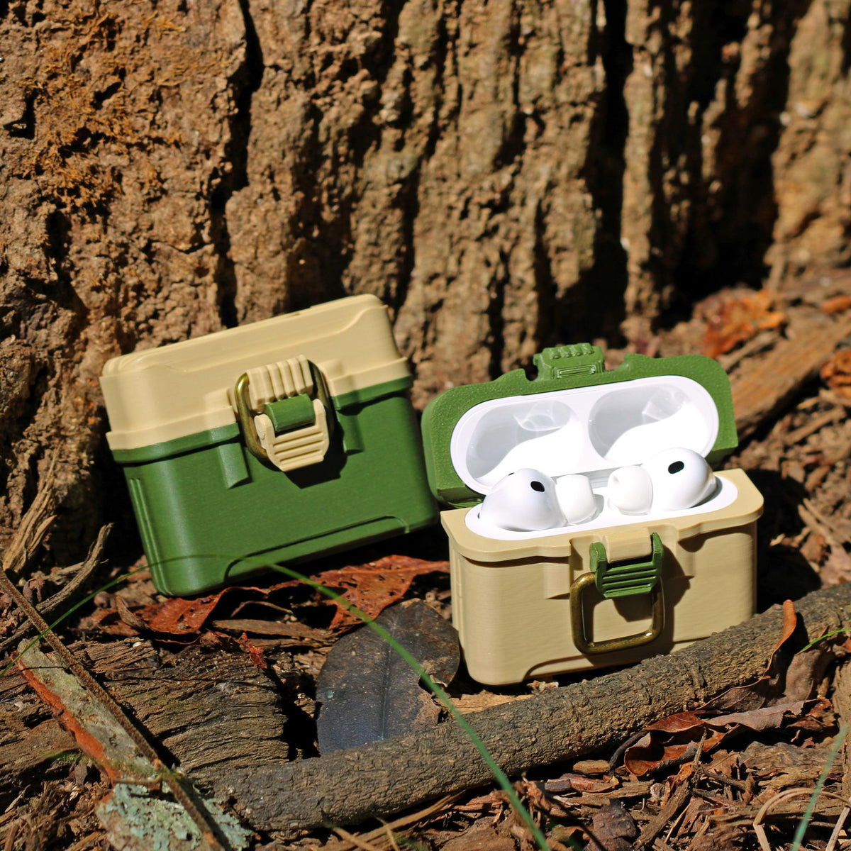 Fishing tackle box case for AirPods Pro 3 with antique brass-style latch and hinged lid