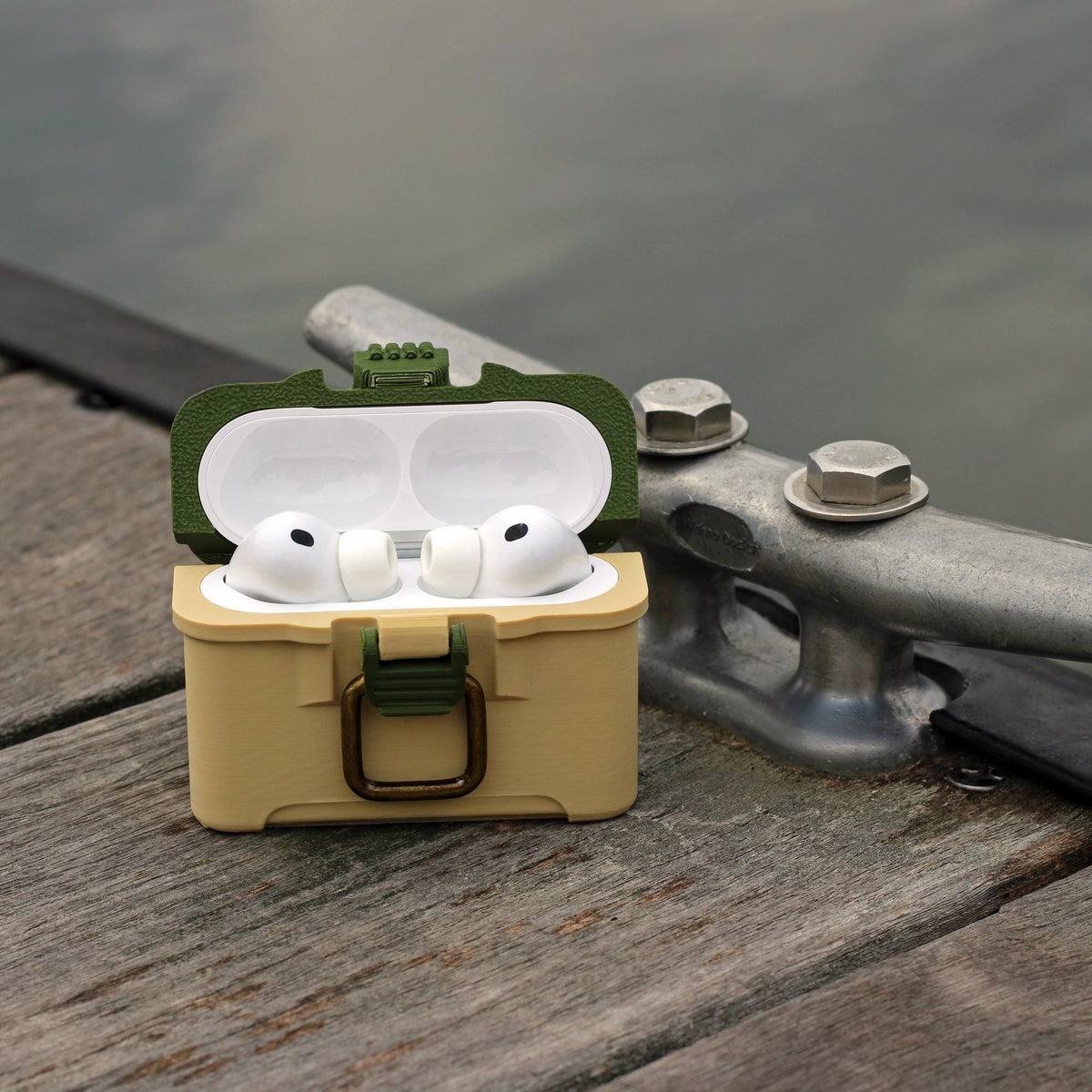 Fishing tackle box case for AirPods Pro 3 with antique brass-style latch and hinged lid
