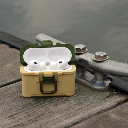 Fishing tackle box case for AirPods Pro 3 with antique brass-style latch and hinged lid