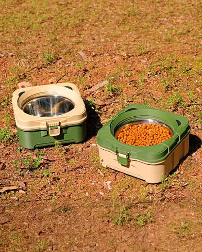 Tackle box travel dog bowl with removable stainless steel insert and screw cap