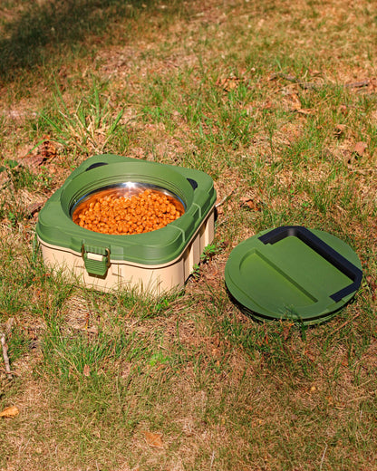 Tackle box travel dog bowl with removable stainless steel insert and screw cap