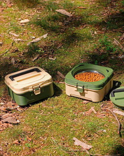 Tackle box travel dog bowl with removable stainless steel insert and screw cap