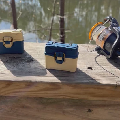 Fishing tackle box case for AirPods Pro 1 & 2 with antique brass-style latch and hinged lid