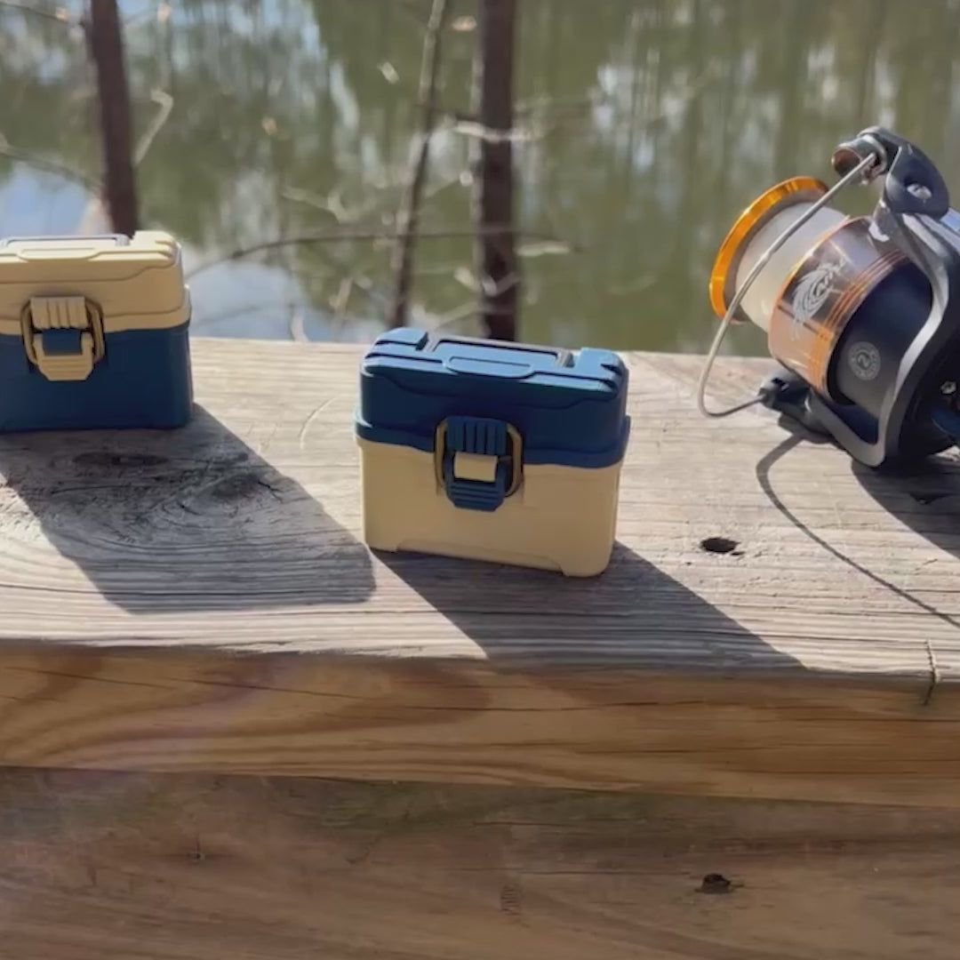 Fishing tackle box case for AirPods Pro 1 & 2 with antique brass-style latch and hinged lid